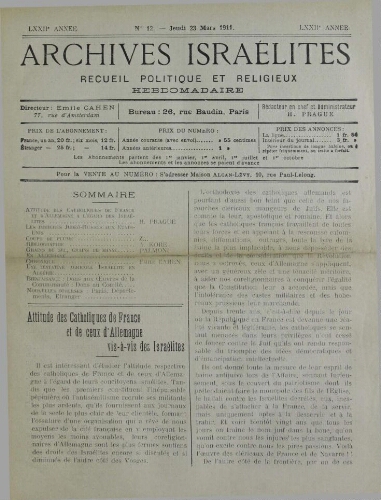 Archives israélites de France. Vol.72 N°12 (23 mars 1911)